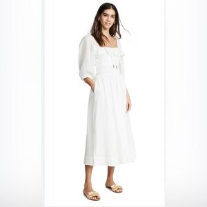 Free People White Midi Puff-Sleeve Smocked Dress